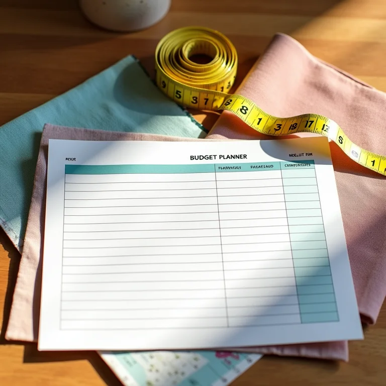 Fita métrica, amostras de tecido e um planejador de orçamento em uma mesa de madeira