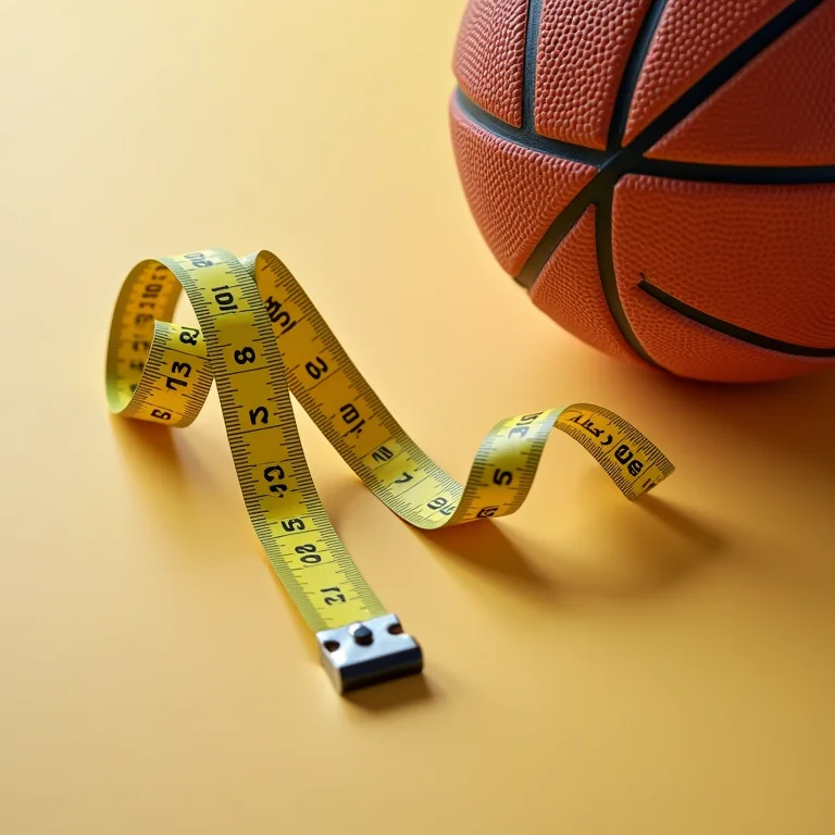 Fita métrica medindo 3,05 metros ao lado de uma bola de basquete