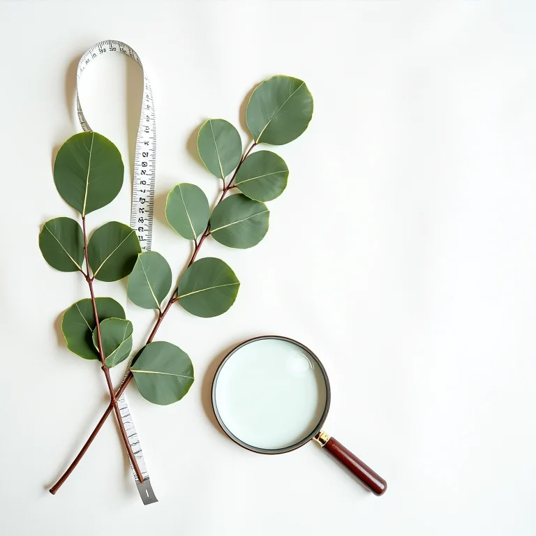 Folhas de eucalipto, fita métrica e lupa.