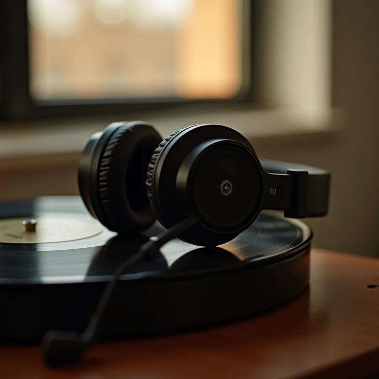 Fones de ouvido em cima de um disco de vinil