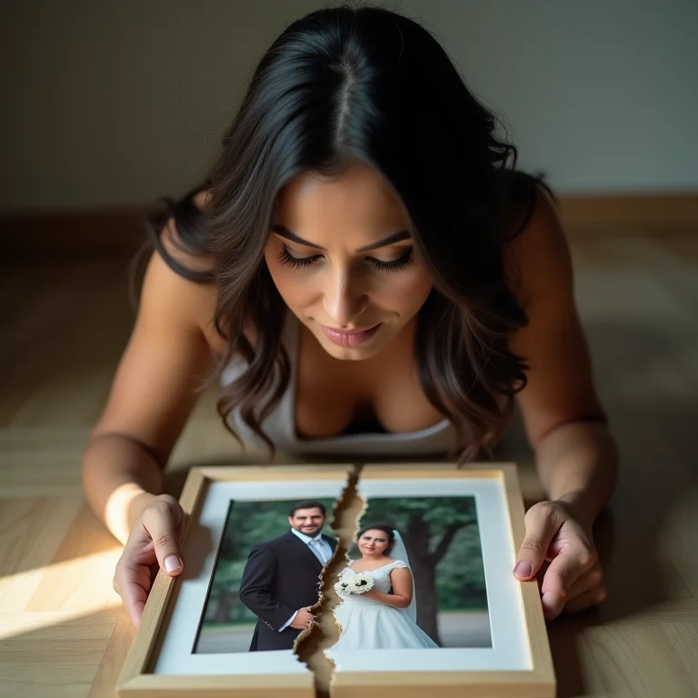 Foto de casamento rasgada no chão.