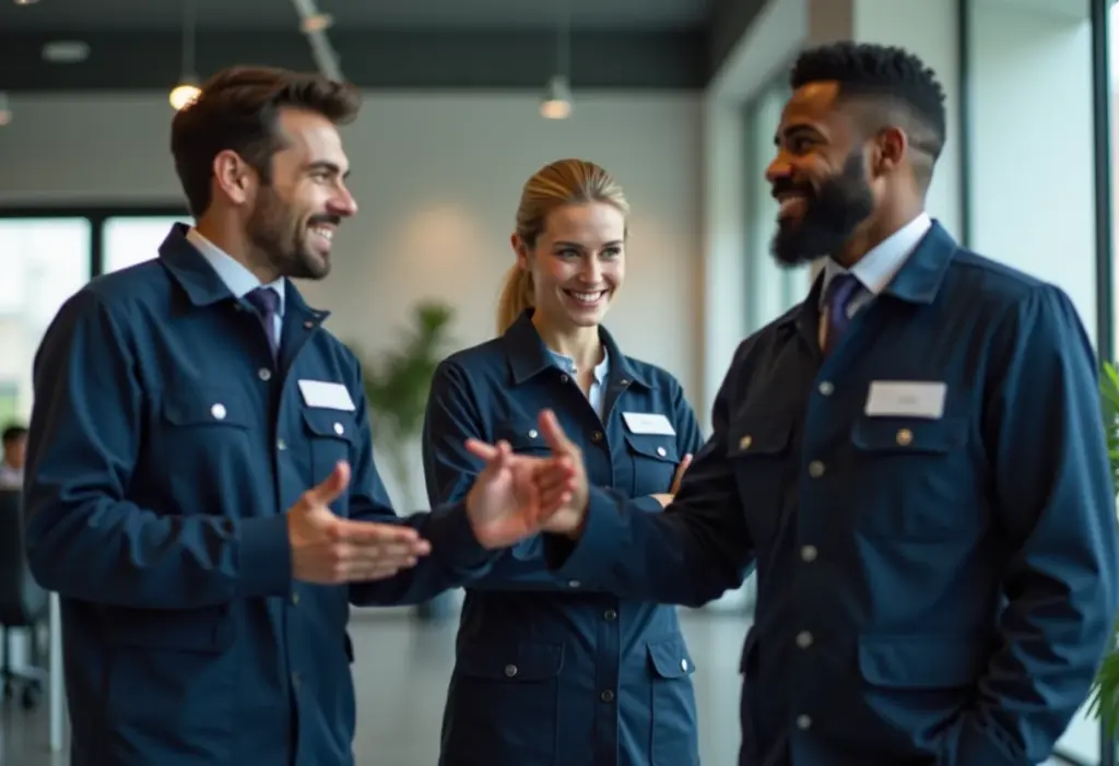 Funcionários diversos vestindo uniformes em ambiente de trabalho moderno