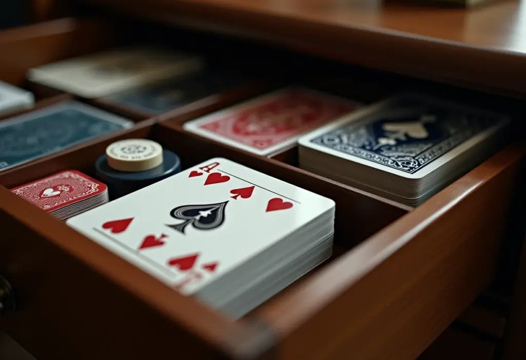 Gaveta de baralho organizada com diferentes jogos de cartas