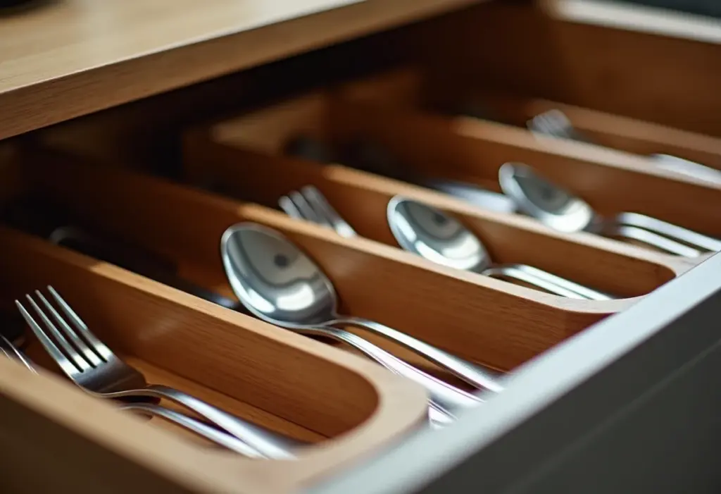 Gaveta de talheres organizada com diversos compartimentos.
