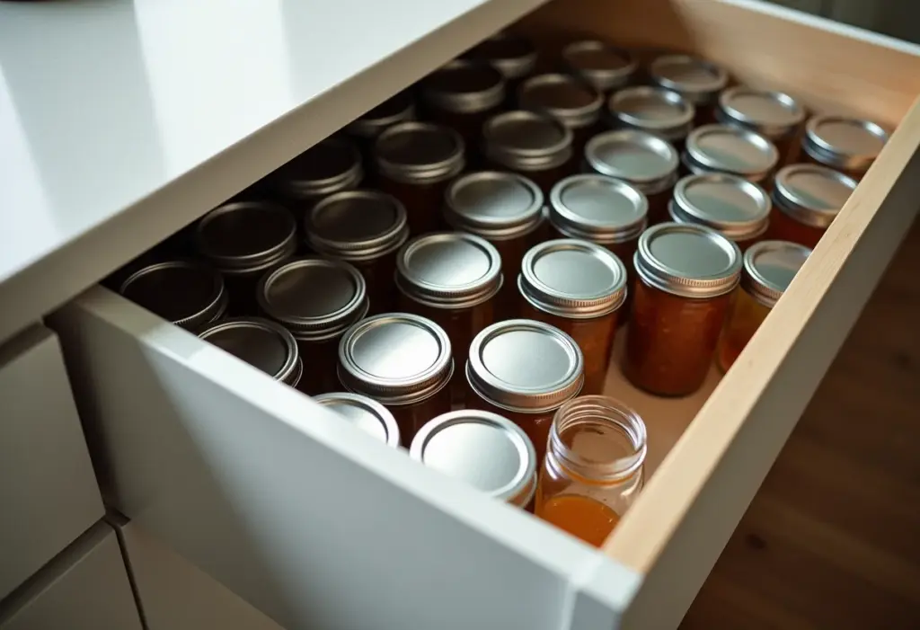 Gaveta organizada com potes de vidro e tampas