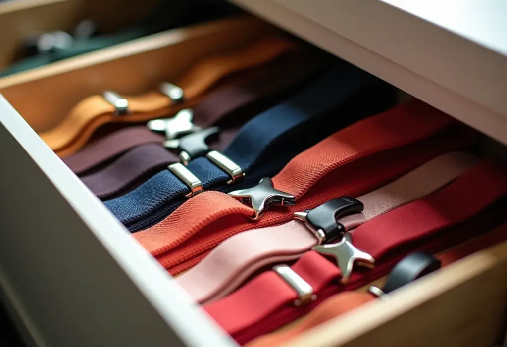 Gaveta organizada com suspensórios coloridos