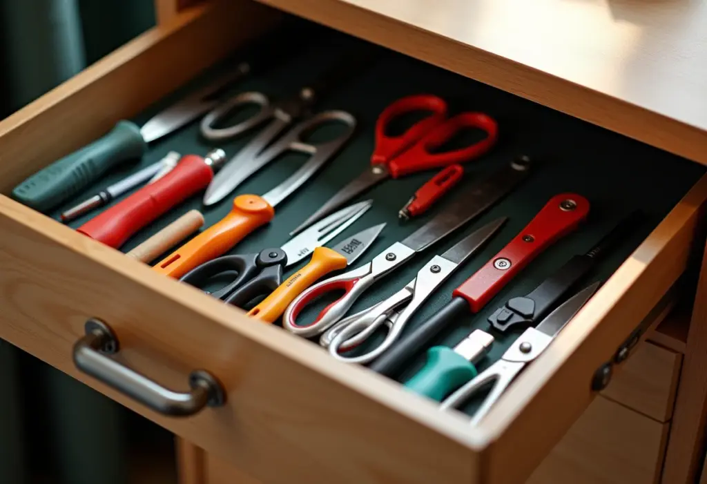 Gaveta organizada com tesouras e estiletes