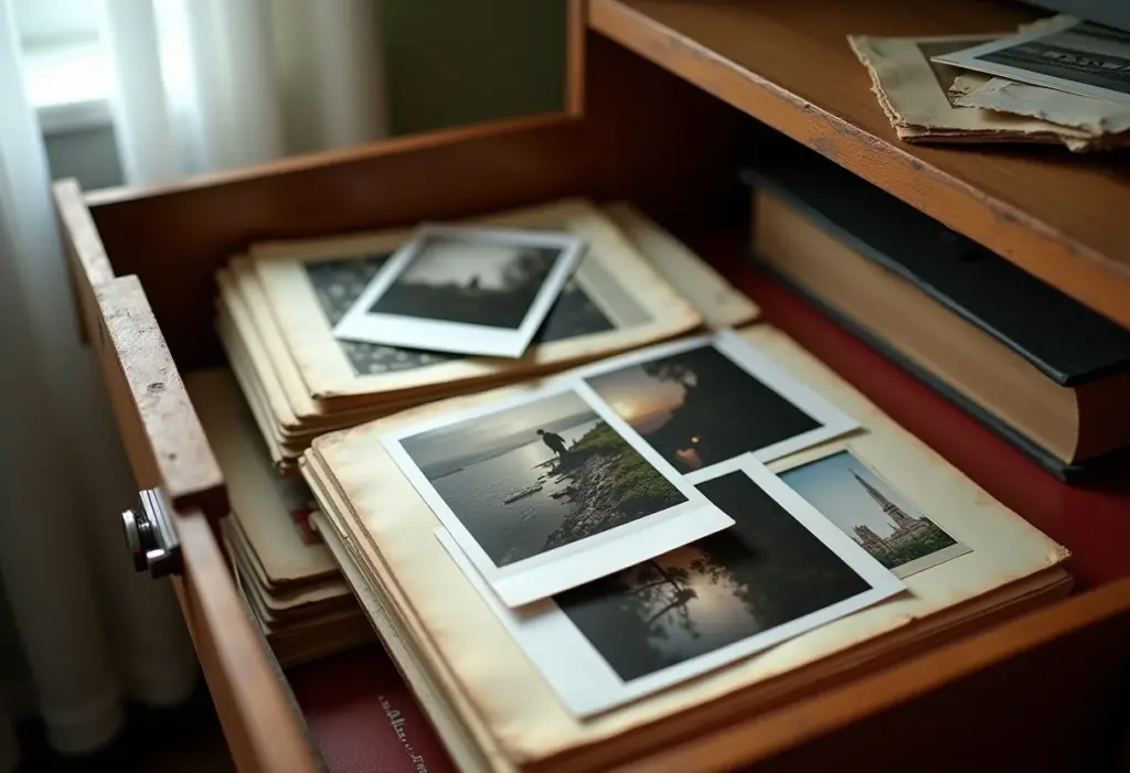 Gaveta repleta de álbuns de fotos antigos e polaroids.