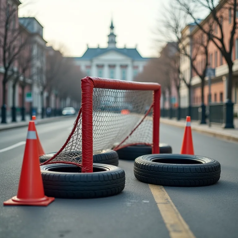 Gols improvisados de futebol de rua feitos com pneus e cones de trânsito.