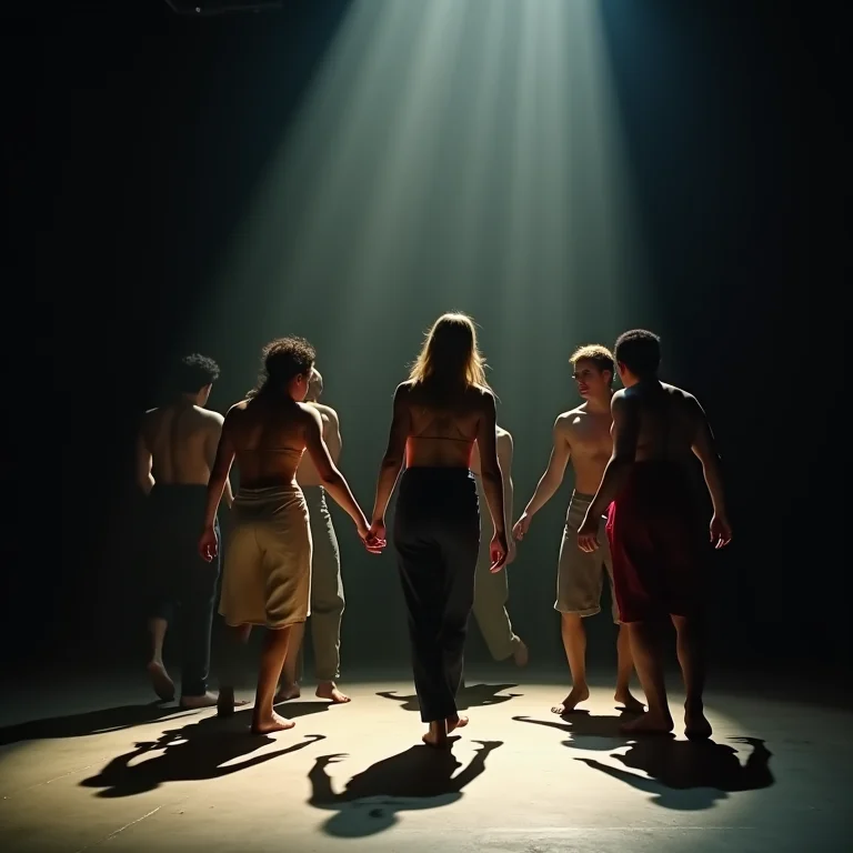 Grupo de atores performando teatro físico com movimentos expressivos