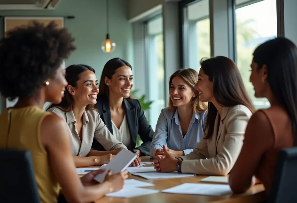 Grupo diverso de empreendedoras brasileiras reunidas em escritório moderno