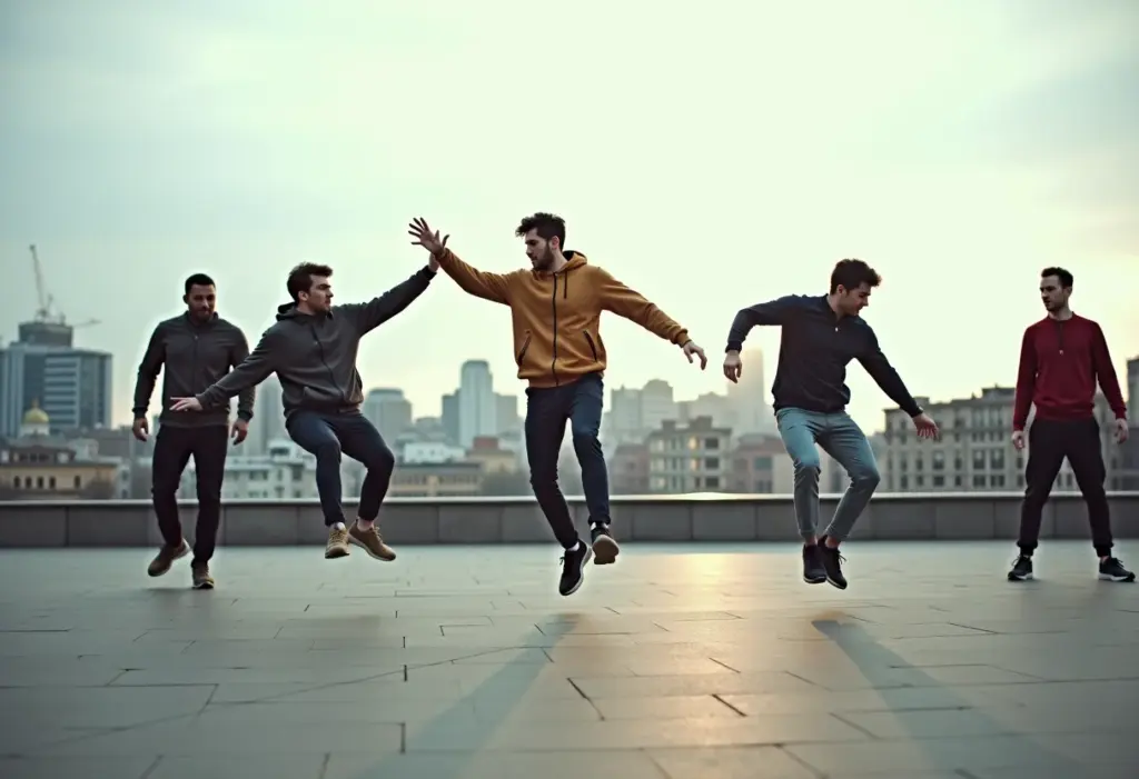 Grupo diverso praticando parkour na cidade
