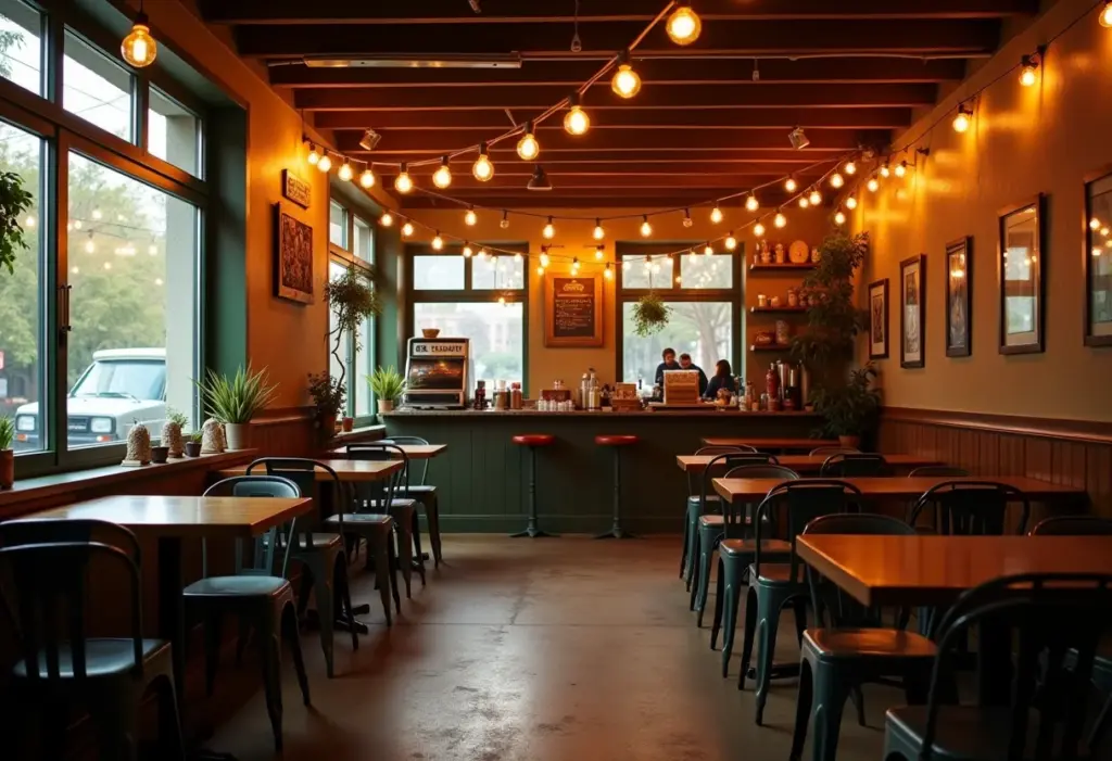 Hamburgueria aconchegante em garagem com iluminação suave