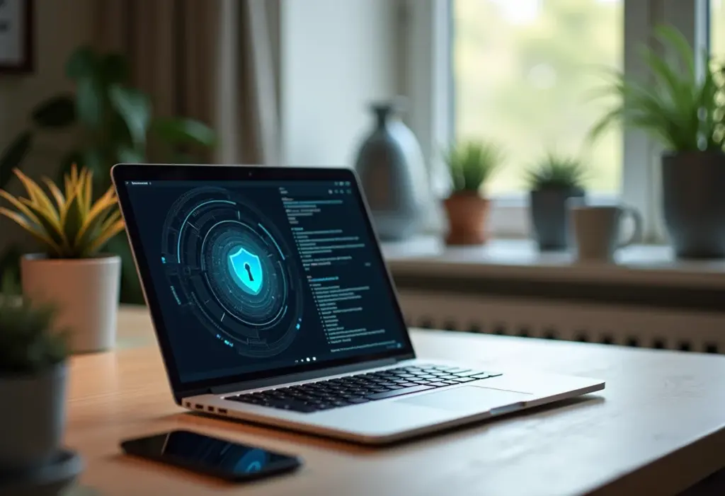 Home office seguro com laptop mostrando software de segurança