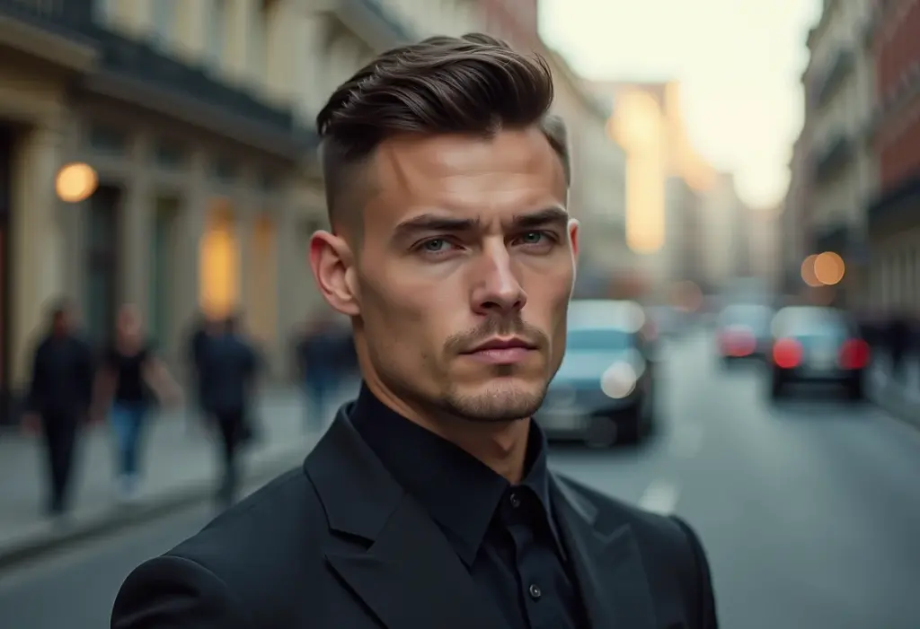 Homem com corte de cabelo curto impecável e estilizado