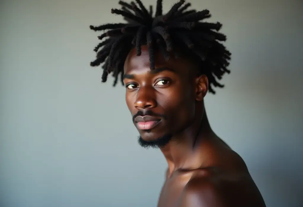 Homem negro com cabelo cacheado estilizado