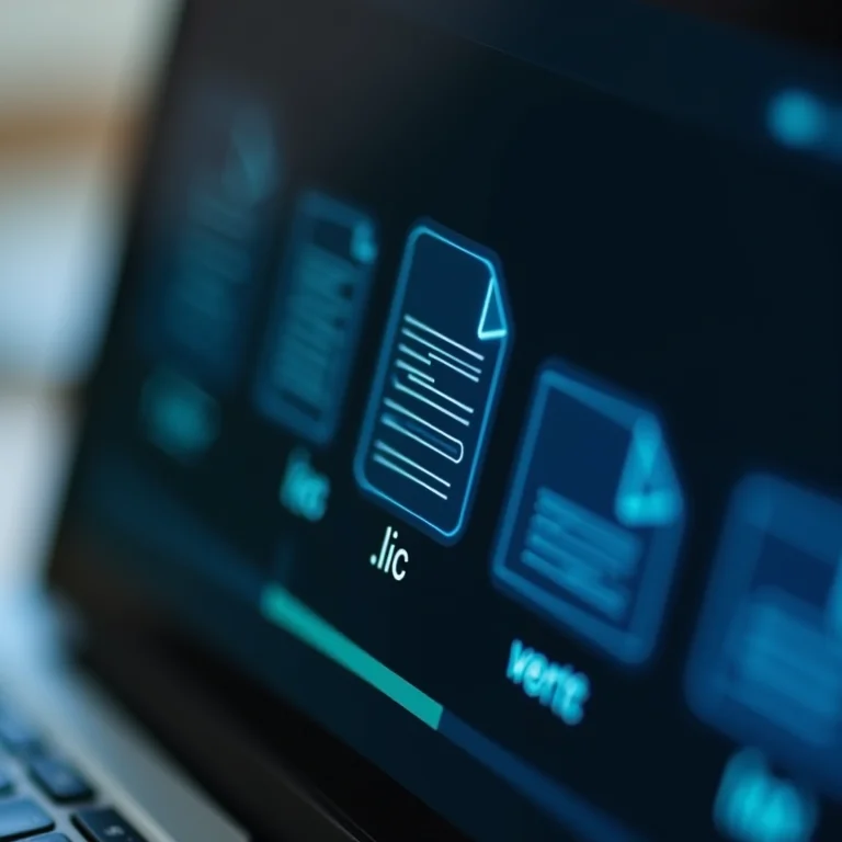 Ícones de arquivos de licença digital (.lic, .txt).