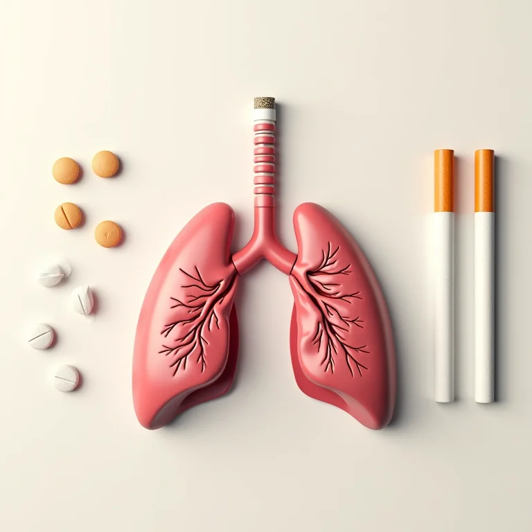 Ilustração de pulmões danificados ao lado de cigarros e comprimidos.