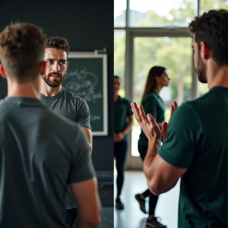 Imagem dividida mostrando um personal trainer e um professor, representando o foco principal de cada formação em Educação Física
