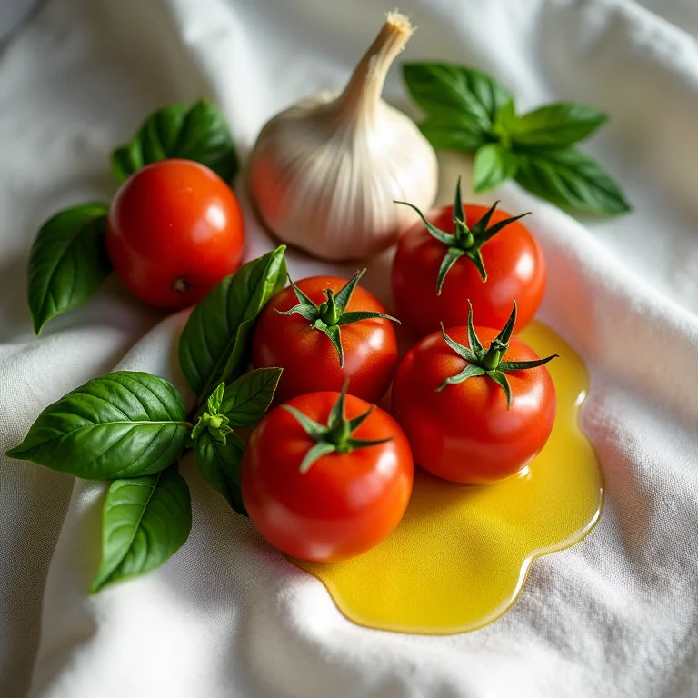 Ingredientes frescos para bruschetta em um pano de linho