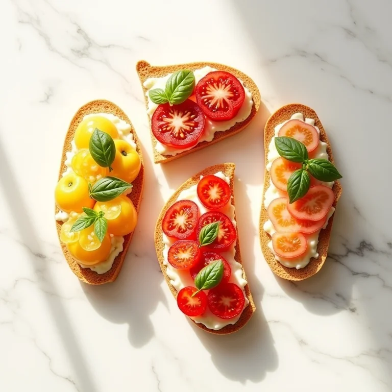 Ingredientes frescos para bruschetta italiana dispostos em uma superfície de mármore branco