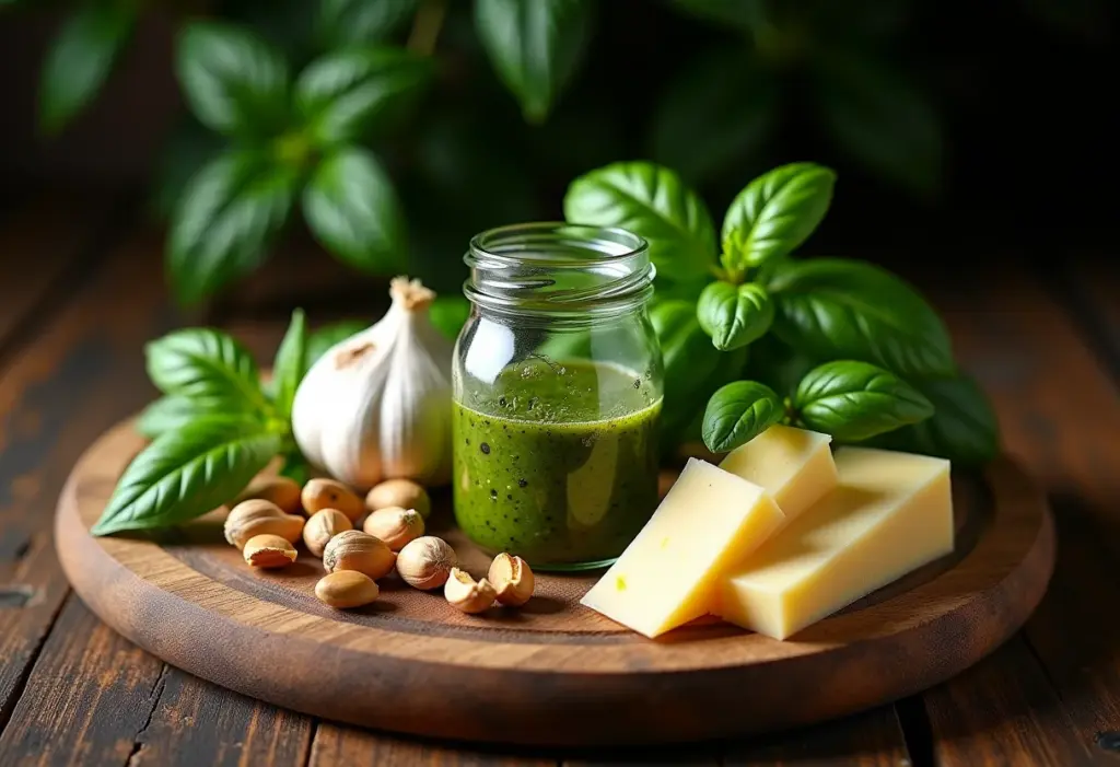 Ingredientes frescos para molho pesto caseiro em uma mesa de madeira rústica.