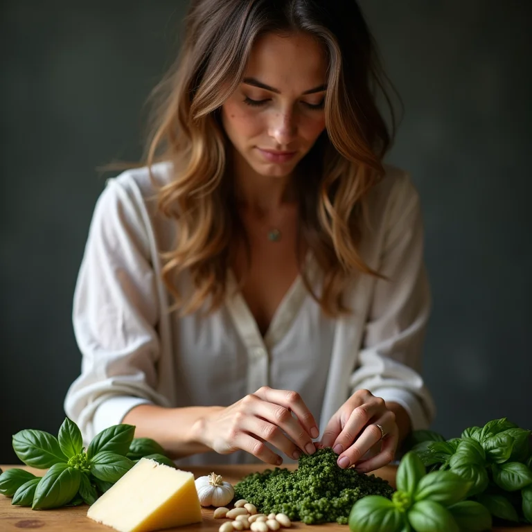 Ingredientes frescos para molho pesto caseiro em uma mesa.