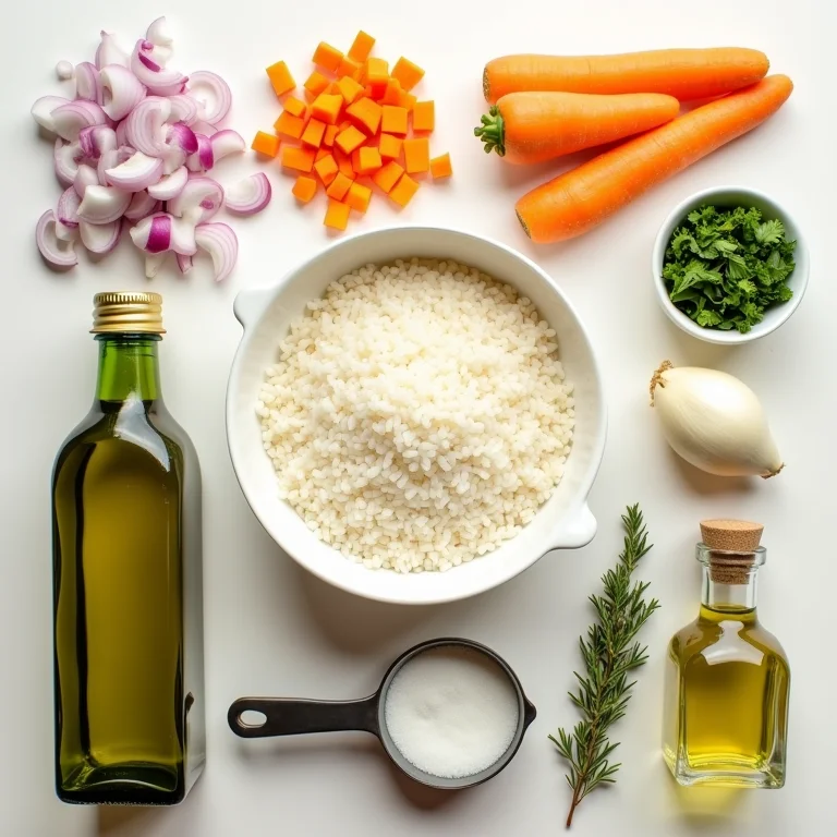 Ingredientes frescos para preparar risoto de legumes.