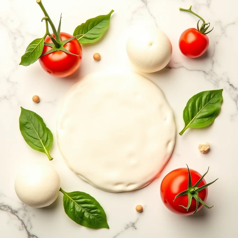 Ingredientes frescos para uma salada Caprese perfeita: mussarela, tomate e manjericão.