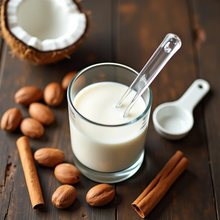 Ingredientes para fazer suco de licuri com leite de coco e canela em uma composição flat lay