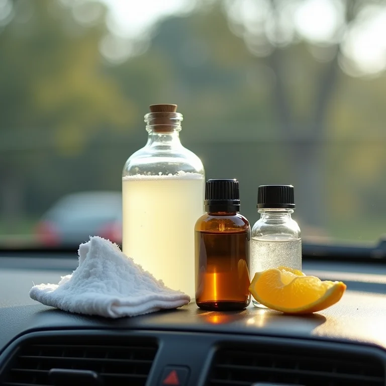 Ingredientes para limpeza caseira do ar condicionado do carro: vinagre, bicarbonato de sódio e óleos essenciais.