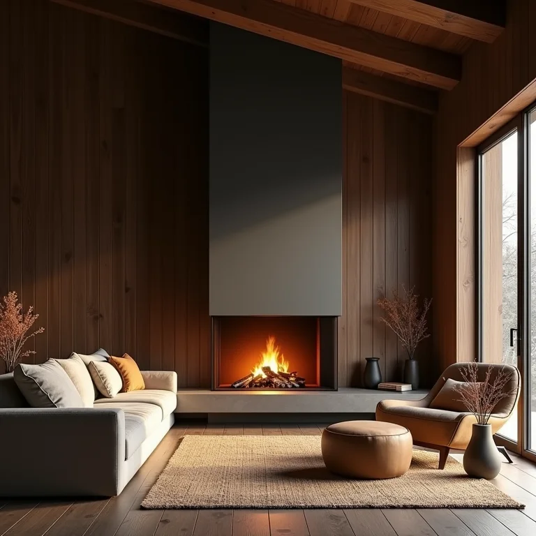 Interior aconchegante de cabana com lareira em Campos do Jordão.