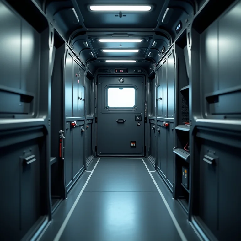 Interior de carro forte mostrando compartimentos de segurança e tecnologia