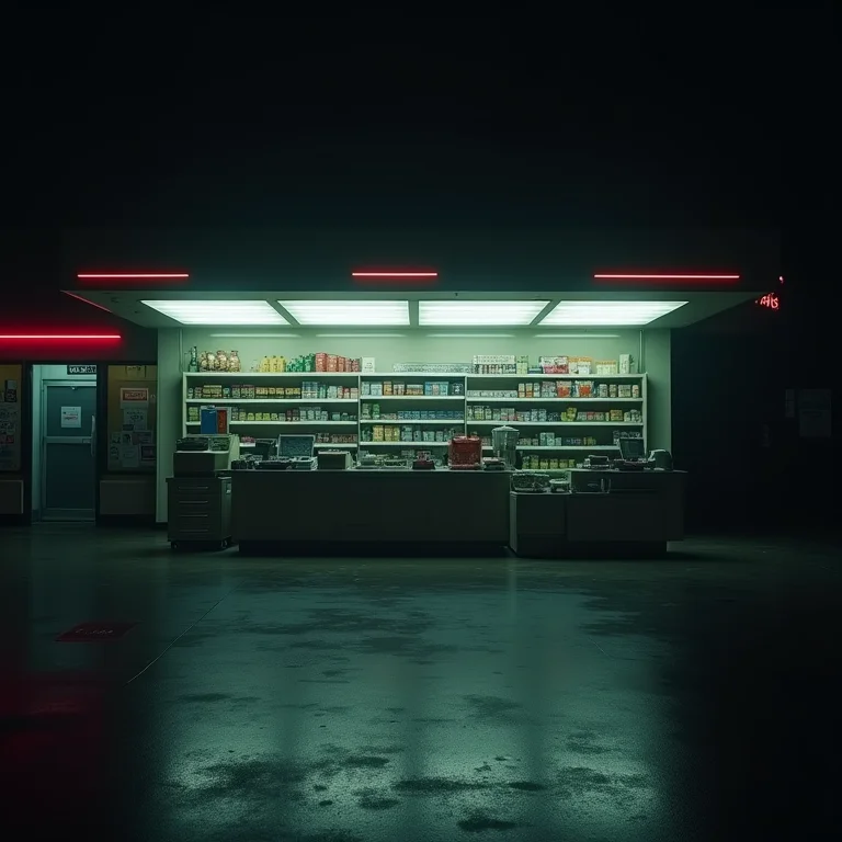 Interior de loja de conveniência vazia com caixa registradora aberta