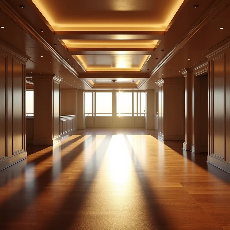 Interior de navio de cruzeiro luxuoso com atmosfera claustrofóbica.