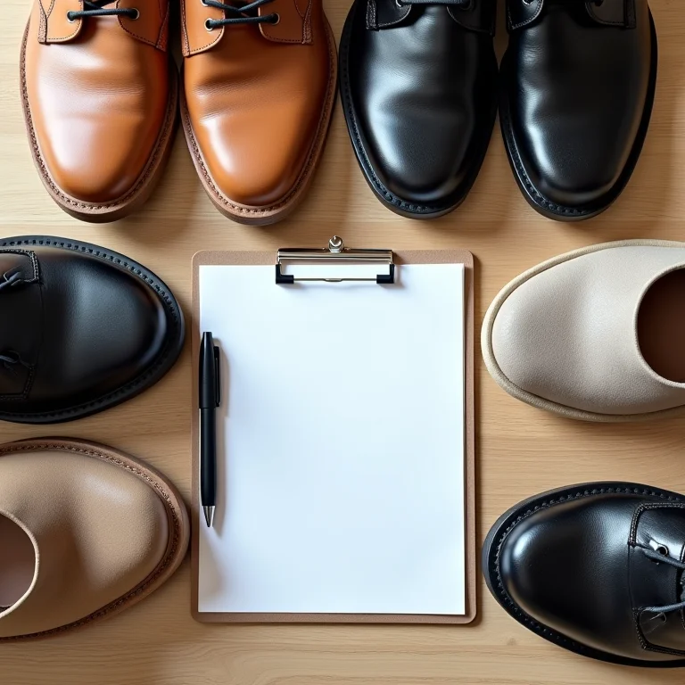 Inventário completo de sapatos com bloco de notas e caneta.