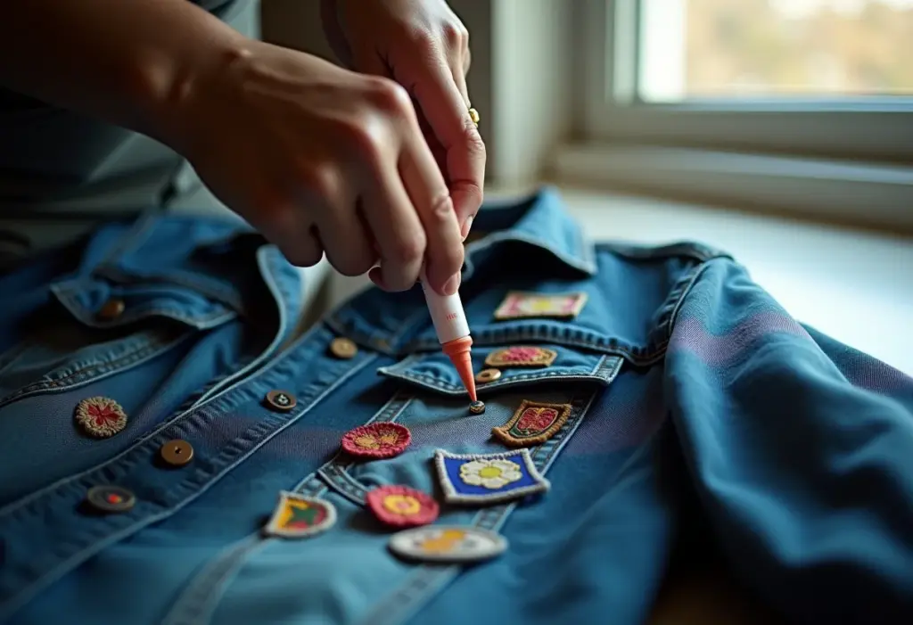 Jaqueta jeans sendo customizada com cola para tecido