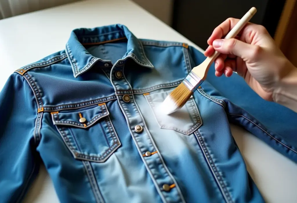 Jaqueta jeans sendo customizada com tie dye reverso