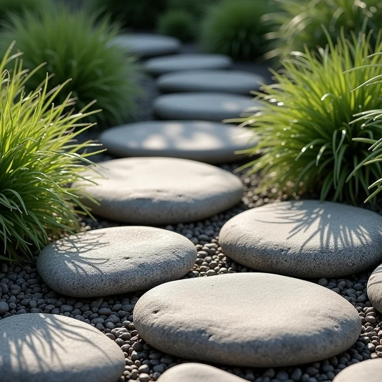 Jardim decorado com pedras de rio de diversos tamanhos.