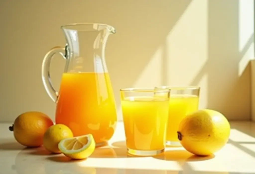 Jarra de suco de umbu com umbus frescos ao redor