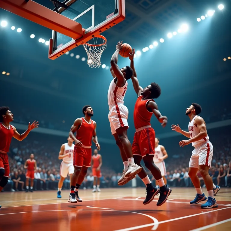 Jogadores de basquete disputando um rebote