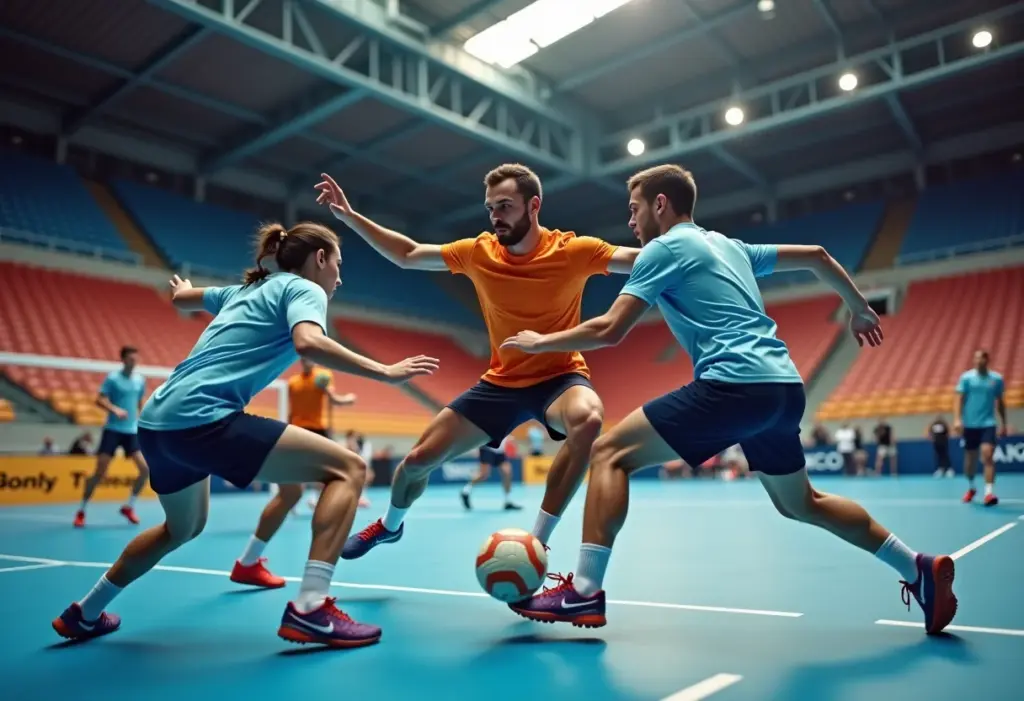 Jogadores de handebol em ação durante uma partida emocionante.