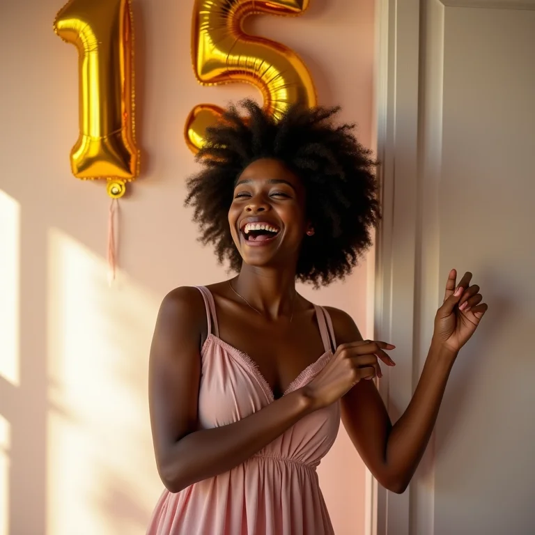Jovem negra sorrindo em sua festa de 15 anos com decoração minimalista