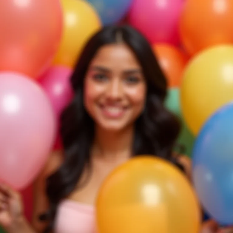 Jovem parda sorrindo com balões coloridos em sua festa de 15 anos