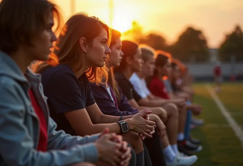 Jovens diversos assistindo a um jogo de futebol americano em um dia ensolarado.
