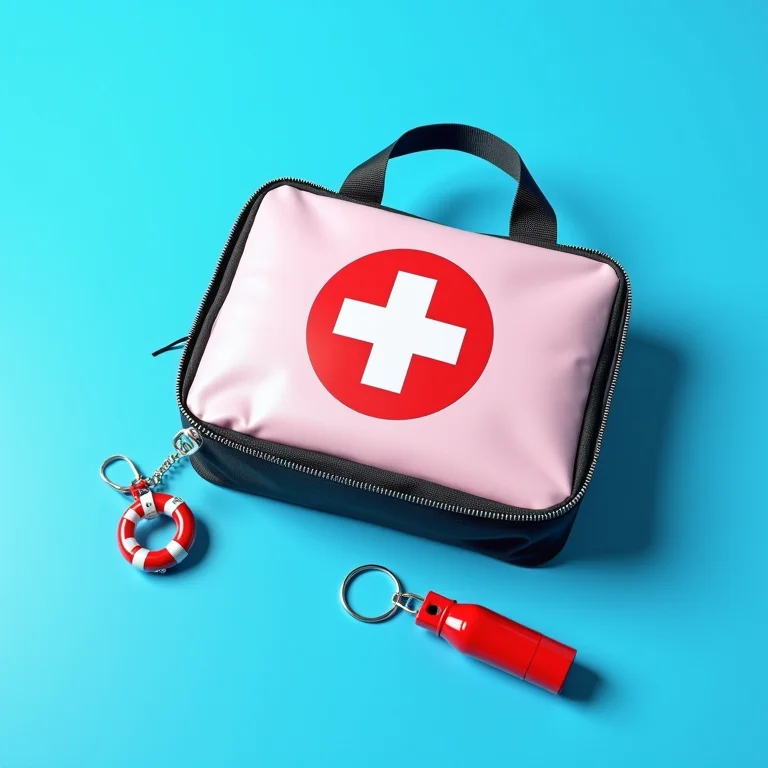 Kit de primeiros socorros e apito de salva-vidas simbolizando a segurança no Wet'n Wild SP