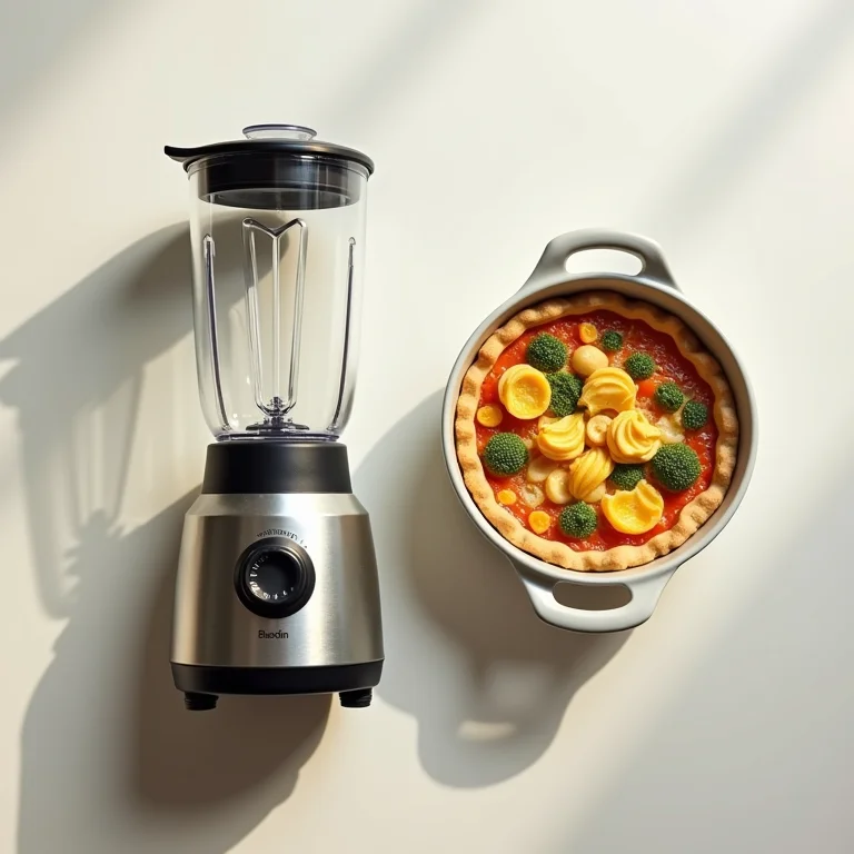 Liquidificador e forma com torta de legumes