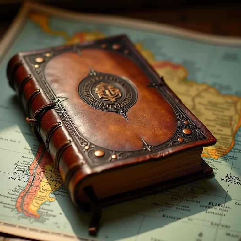 Livro de couro envelhecido sobre mapa antigo do Rio Grande do Sul.