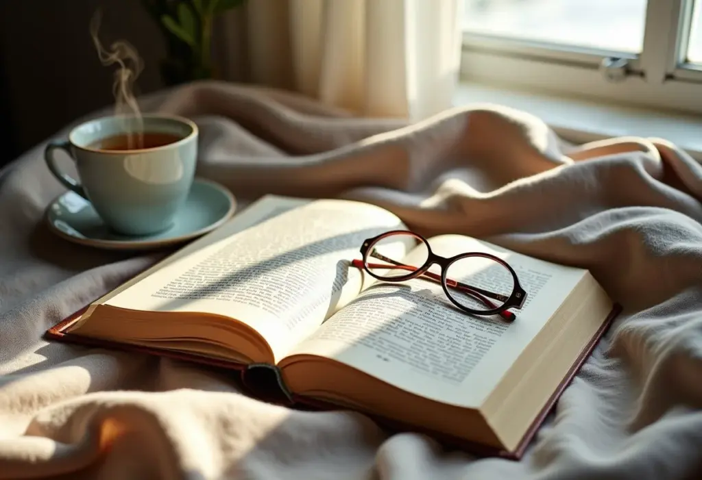 Livros antigos e óculos em cima de uma manta com luz suave