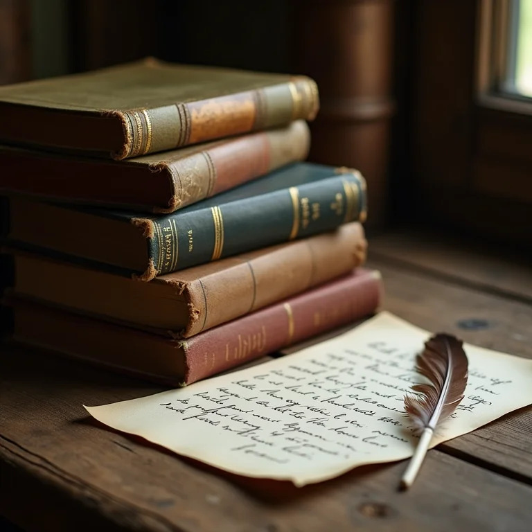 Livros antigos empilhados sobre mesa rústica com carta e pena de escrever.